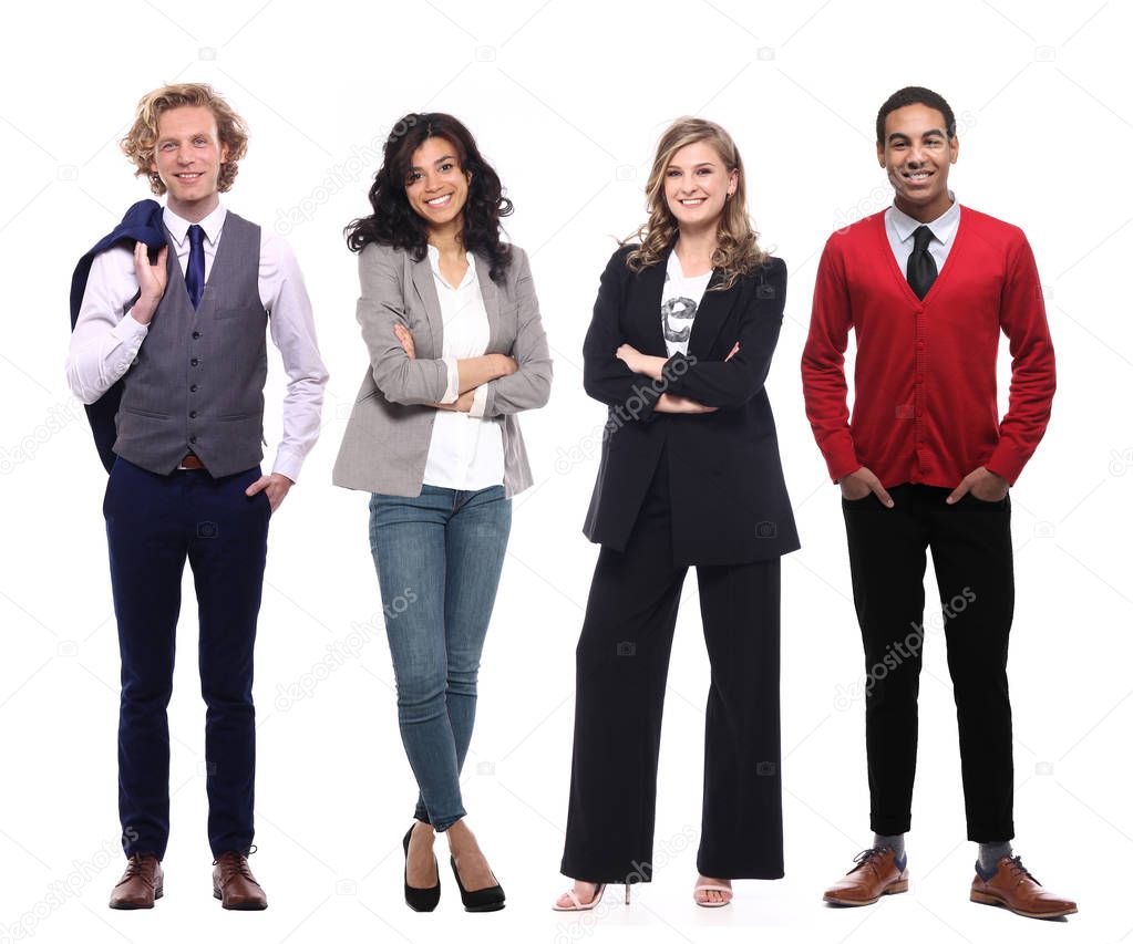 Set of multi-ethnic people is posing on white background