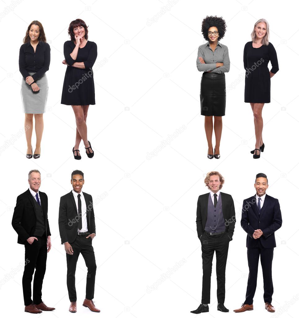 Set of multi-ethnic people is posing on white background