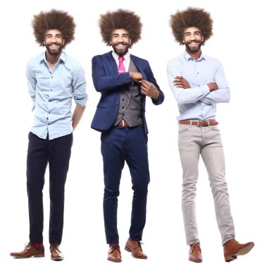 Beyaz arka planda farklı pozlar Afro-Amerikan adam