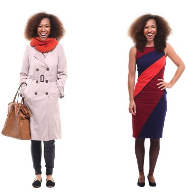 Beyaz arka planda farklı pozlar Afro-Amerikan kadın