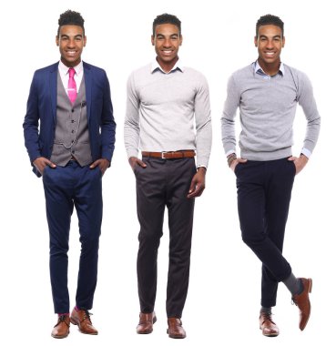 Beyaz arka planda farklı pozlar Afro-Amerikan adam