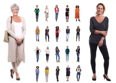 Beyaz arka planda farklı yaşlarda çok ırklı kadınlar kümesi