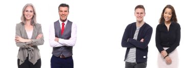 Çok ırklı insanlar kümesi beyaz arka plan üzerinde poz