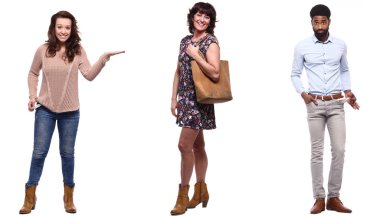 Çok ırklı insanlar kümesi beyaz arka plan üzerinde poz