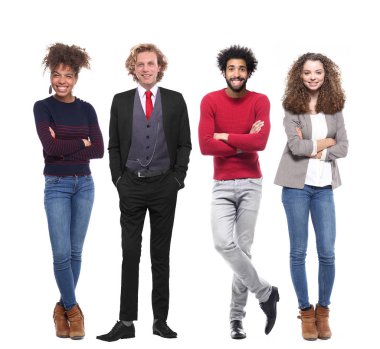 Çok ırklı insanlar kümesi beyaz arka plan üzerinde poz