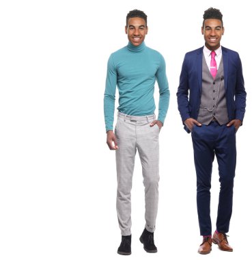 Beyaz arka planda farklı pozlar Afro-Amerikan adam