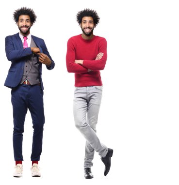 Beyaz arka planda farklı pozlar Afro-Amerikan adam