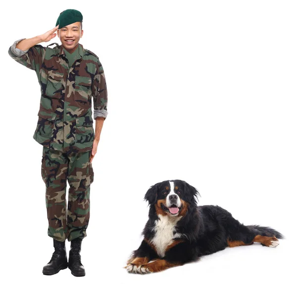 Jonge Aziatische Mannelijke Soldaat Groeten Buurt Van Dog — Stockfoto