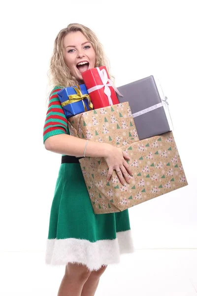 Chica Rubia Con Cajas Navidad — Foto de Stock