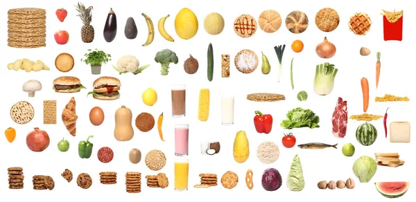 Set Mit Verschiedenen Lebensmitteln Auf Weißem Hintergrund — Stockfoto