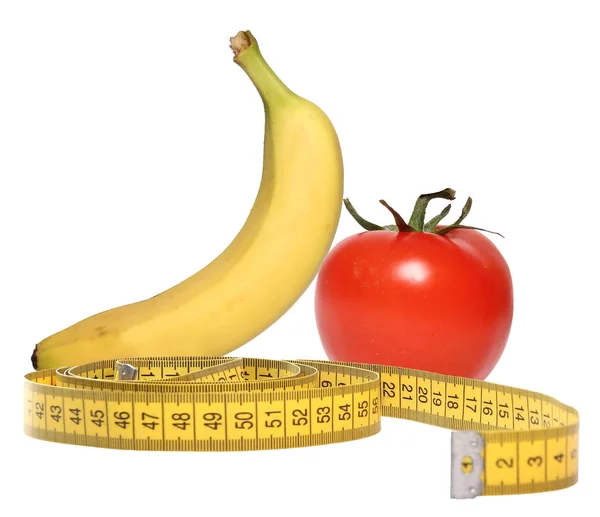 Banán Rajčete Měřicí Páskou Zdravý Koncept — Stock fotografie