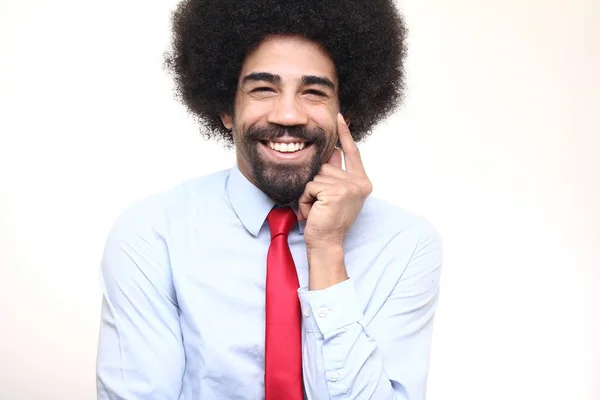 Hombre Negro Feliz Posando Sobre Fondo Blanco —  Fotos de Stock