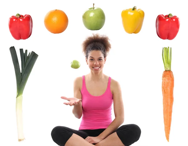 Mujer Joven Deportiva Con Diferentes Frutas Verduras —  Fotos de Stock