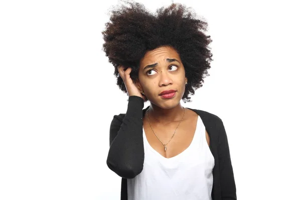 Krásná Afro American Žena Přemýšlí Něco — Stock fotografie
