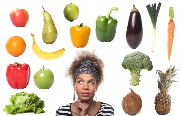 Mujer Afroamericana Con Juego Diferentes Verduras Frutas —  Fotos de Stock