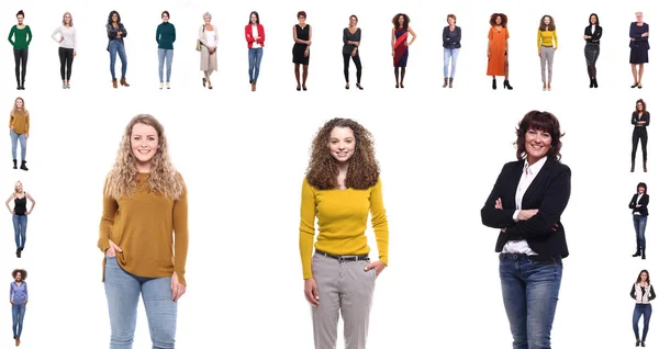 Conjunto Mujeres Multirraciales Diferentes Edades Sobre Fondo Blanco —  Fotos de Stock