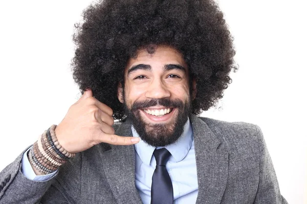 呼出符号を示すビジネス スーツの黒人男性 — ストック写真