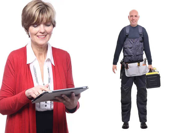 Manlig Arbetstagare Uniform Och Kvinna Med Tablet Vit Bakgrund — Stockfoto