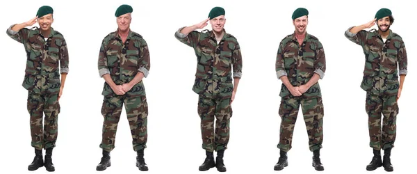 Gelukkige Soldaten Uniform Poseren Witte Achtergrond — Stockfoto