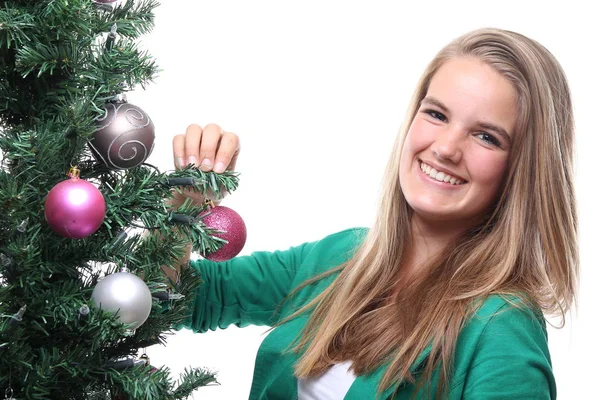 Chica Rubia Decorando Árbol Navidad —  Fotos de Stock