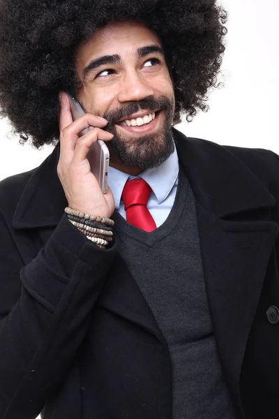 Μαύρο Επιχειρηματίας Μιλάμε Για Κινητό Τηλέφωνο — Φωτογραφία Αρχείου