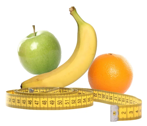 Jablko Banán Pomeranč Měřicí Páskou Zdravý Koncept — Stock fotografie