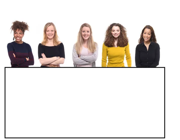 Interraciale Vrouwen Met Wit Frame Voor Achtergrond — Stockfoto