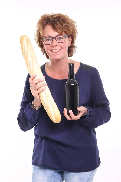 Donna Con Pane Vino Mano — Foto Stock