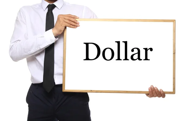 Businessman Holding Blackboard Word Dollar — Stock Photo, Image