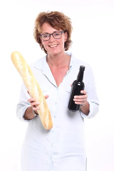 Donna Con Pane Vino Mano — Foto Stock