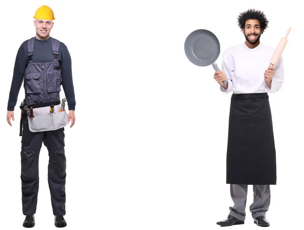 Caucasian Worker Afro American Cook White Background — Stock Photo, Image