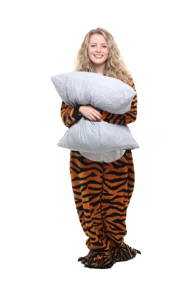 Happy Blonde Girl Pajamas Pillow — Stock Photo, Image