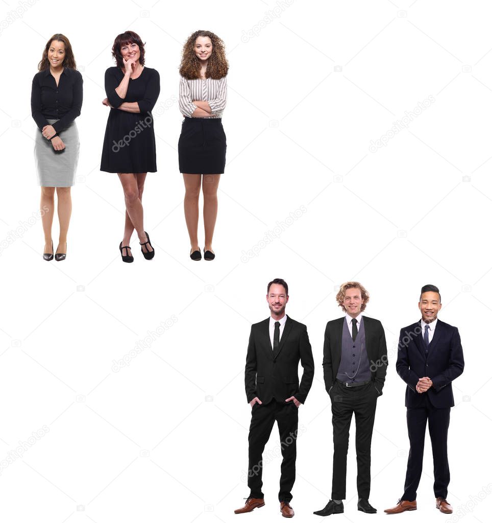 Set of multi-ethnic people is posing on white background