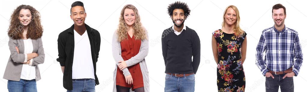 Set of multi-ethnic people is posing on white background