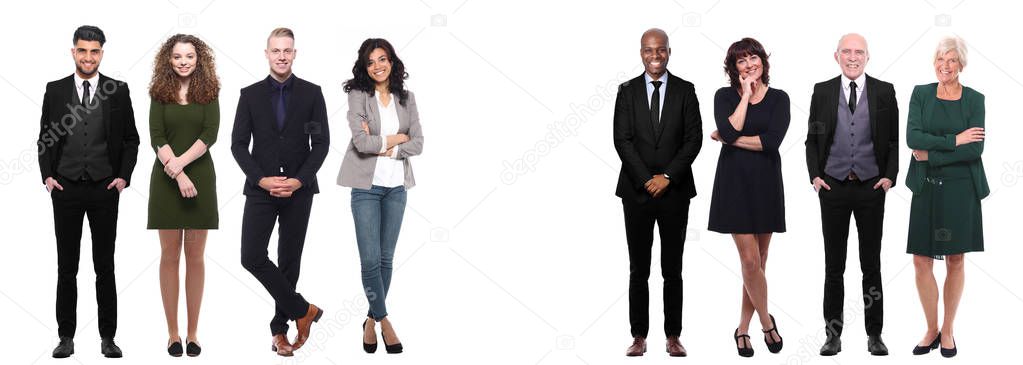 Set of multi-ethnic people is posing on white background