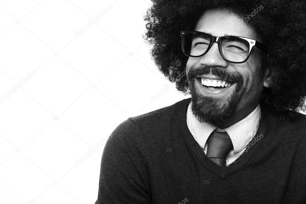 Happy black man on black and white thone