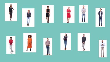 Çok ırklı insanlar kümesi beyaz arka plan üzerinde poz