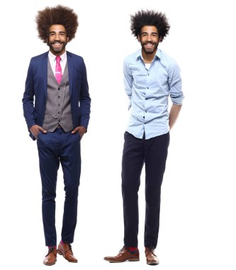 Beyaz arka planda farklı pozlar Afro-Amerikan adam