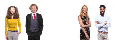 Çok ırklı insanlar kümesi beyaz arka plan üzerinde poz