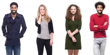 Çok ırklı insanlar kümesi beyaz arka plan üzerinde poz