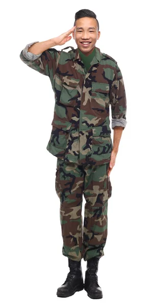 Asian Young Guy Military Uniform Saluting — Stock Photo, Image