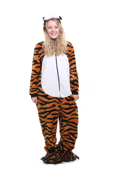 Happy Blonde Girl Tiger Costume — Stock Photo, Image