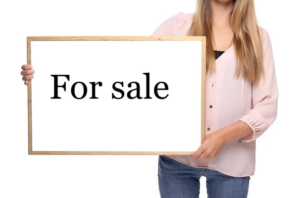 Woman Holding Blackboard Words Sale — Stock Photo, Image