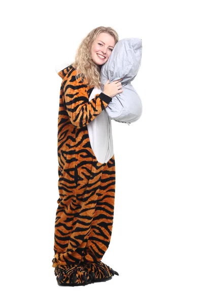 Happy Blonde Girl Pajamas Pillow — Stock Photo, Image