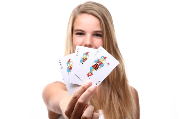 Blonde girl with poker cards