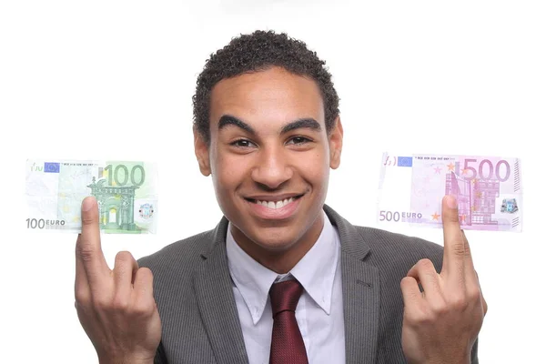 Empresario Negro Posando Con Billetes Euros — Foto de Stock