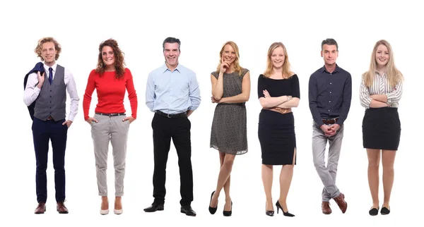 Conjunto Pessoas Caucasianas Está Posando Fundo Branco — Fotografia de Stock