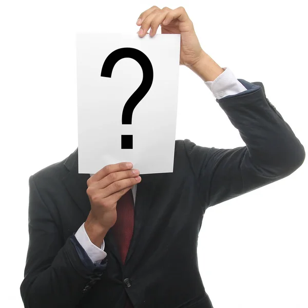 Businessman Holding Paper Question Mark His Face — Stock Photo, Image