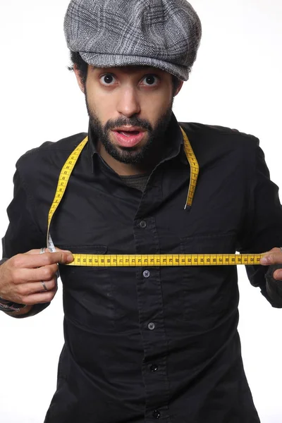 Black Man Measures Parameters His Body Measure Tape — Stock Photo, Image