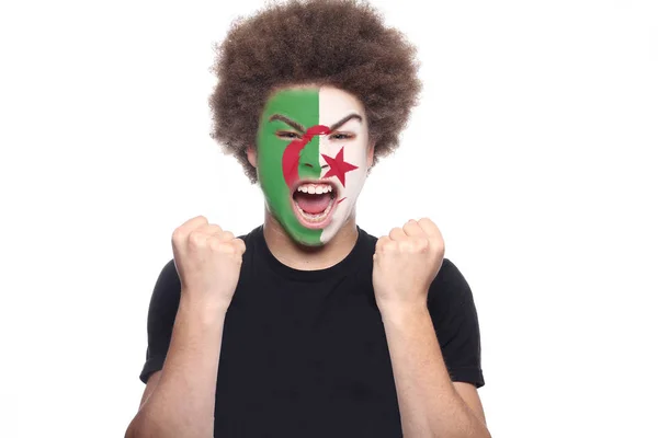 Schwarzer Schreit Fan Mit Algerien Fahne Gesicht — Stockfoto